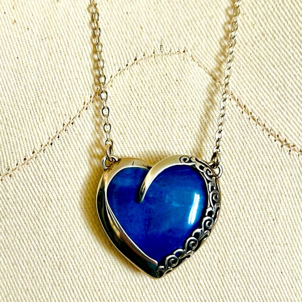 Vintage / Filigree Natural Lapis Heart Necklace / Sterling Silver - Picture 12 of 12